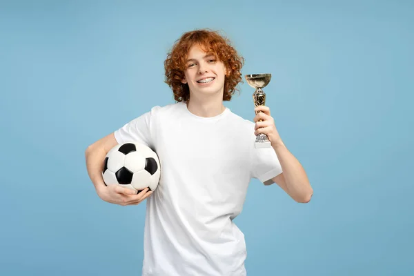 Happy Curly Red Haired Young Man Braces Wearing Sport Clothing — Stock Photo, Image