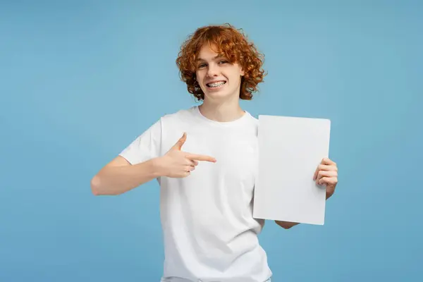 Picture Attractive Curly Red Haired Teen Boy Braces Smiling Directing — Stock Photo, Image