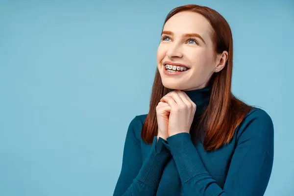 Happy Ginger Haired Woman Braces Wearing Polo Neck Sweater Joins — Stock Photo, Image