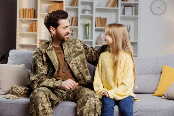 Happy Military Family Home Smiling Father Army Uniform Gently Touching — Stock Photo, Image
