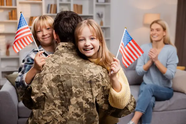 Happy American Family Celebrating Soldier Return Father Army Clothes Hugging — Stock Photo, Image