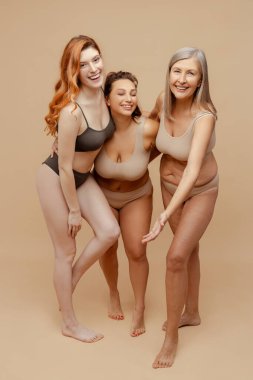 Çekici, çok kültürlü, gülümseyen moda kadınlarından oluşan bir grup seksi iç çamaşırlarıyla kameraya bakıyor. Stüdyoda bej arka planda izole edilmiş çekici modeller. Çeşitlilik konsepti, iletişim