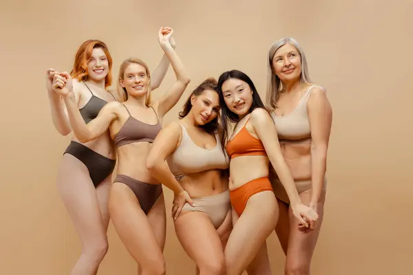 Group Multiracial Smiling Women Wearing Stylish Sexy Lingerie Looking Camera — Stock Photo, Image