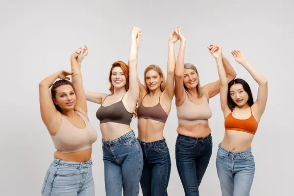 Group Beautiful Smiling Multiracial Women Wearing Sexy Bras Stylish Jeans — Stock Photo, Image
