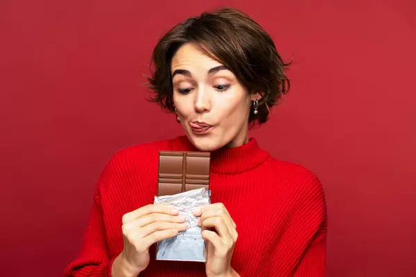 Portrait Charming Funny Woman Holding Chocolate Bar Desiring Licking Her — Stock Photo, Image