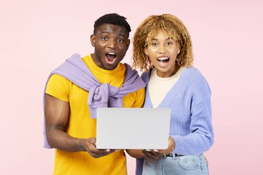 Dizüstü bilgisayar kutlaması yapan birkaç gülümseyen arkadaş pembe arka planda izole edilmiş. Aşırı neşeli Afrikalı Amerikalı erkek ve kadın internetten kameraya bakıyor. Teknoloji 