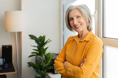 Yakın plan, arka planda ev çiçeği saksısıyla balkonda çapraz kollara poz veren son sınıf öğrencisi. Çekici bir emeklinin el yapımı bitki yetiştirmesi. Ev hobisi kavramı