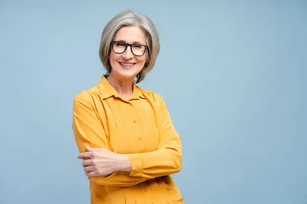 Attractive Smiling Senior Woman Happy Grandmother Wearing Eyeglasses Yellow Blouse — Stock Photo, Image