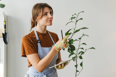 Çekici kadın, eldivenli bahçıvan kadın önlük giyip bitki yetiştirme hakkında notlar alıyor. Bahçe işleri, saksı bakımı