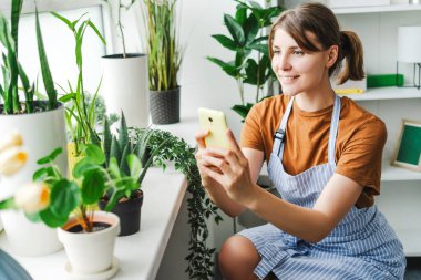 Gülümseyen botanikçi evde bitkilerin fotoğraflarını çekiyor sosyal medya için akıllı telefonu kullanıyor, botanik ve bahçe işlerine olan tutkusunu paylaşıyor. Sosyal medya kavramı