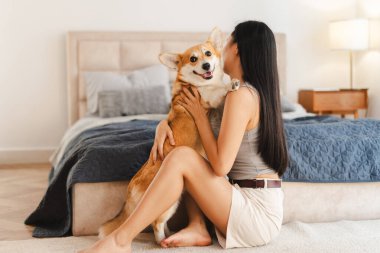 Genç Asyalı kadın, samimi bir yatak odasında Corgi köpeğini kucaklıyor. Sevgi ve neşe saçıyor. Yürek ısıtan bir arkadaşlık ve rahatlık anı.