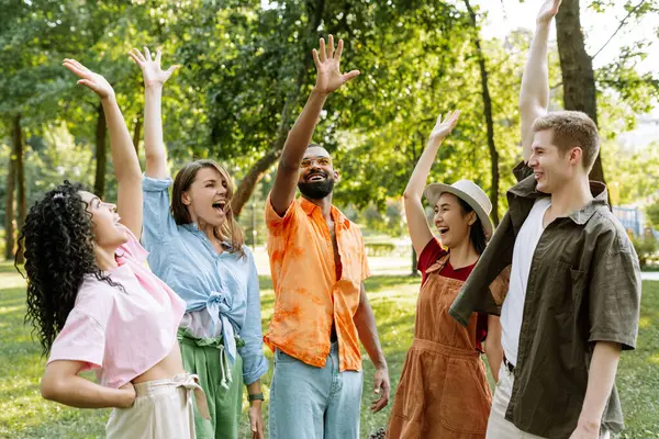 Bir parkta beş genç yetişkinden oluşan çeşitli bir grup. Ellerinizi kaldırın ve mutlu bir şekilde tezahürat yapın. Birlikte kaygısız bir anın tadını çıkarıyoruz. Güneşin altında gülüyor ve gülümsüyor