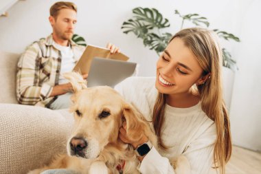 Güzel, gülümseyen bir kadın evcil köpek, Golden Retriever, dizüstü bilgisayar kullanan serbest çalışan, evdeki oturma odasında rahat bir koltukta oturan. Aşk, hayvan konsepti