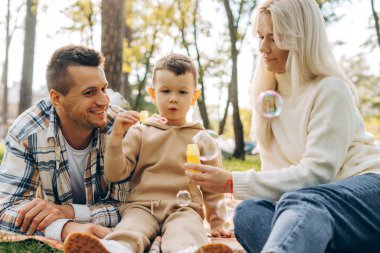 Gülümseyen baba, güzel anne ve küçük oğlu birlikte rahatlıyor, parkta, dışarıda battaniyenin üzerinde oturuyor. Çekici küçük çocuk sabun köpüğü üflüyor. Aile kavramı