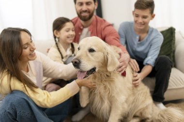 Gülümseyen aile fertleri birlikte güzel vakit geçiriyorlar. Sevecen Golden Retriever köpeklerini okşayıp doğal ışıkla dolu sıcak bir oturma odasında yerde ve kanepede oturuyorlar. Hayvan konseptine bayılırım.