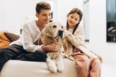 Mutlu erkek ve kız kardeşler Golden Retriever köpeklerini kucaklarken modern evlerinin oturma odasında rahat bir kanepede oturup sevdikleri evcil hayvanlarıyla güzel vakit geçiriyorlar.