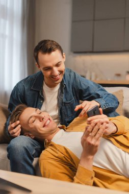 İki adam oturma odasında akıllı telefon kullanarak ve gülümseyerek vakit geçiriyorlar. Oturma odasındaki rahat koltukta oturan eşcinsel çift. Aşk konsepti