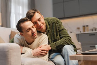 Sevgi dolu eşcinsel çift, rahat oturma odasında kanepede şefkatle kucaklaşıyorlar. Birbirlerinin kollarında teselli ve destek buluyorlar. İlişki, lgbt kavramı