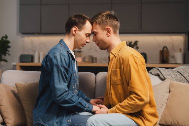 Oturma odasındaki kanepede oturmuş hassas bir anın tadını çıkarırken iki adam el ele tutuşup alınlarına dokunuyor. Aşk, ilişki kavramı