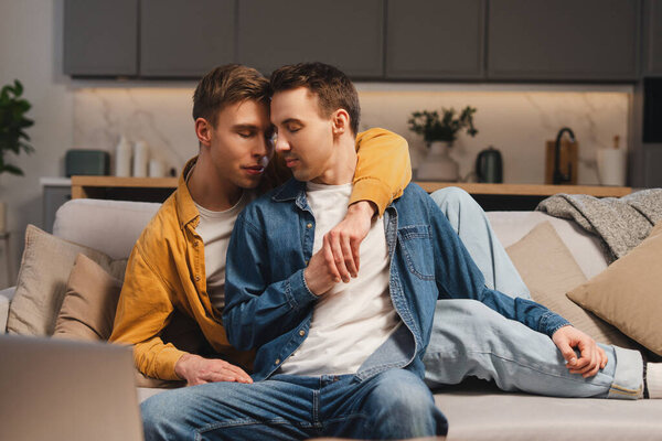 Romantic gay couple embracing on sofa in living room showing love. two men in living room together spending time. Love, relationship concept