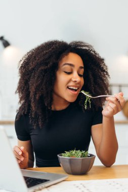 Mutlu genç bir kadın laptopuyla evde çalışırken besleyici bir salatadan zevk alıyor. Sağlıklı bir yaşam tarzını benimsiyor.