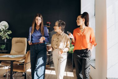 Modern ofiste yürüyen ve konuşan, gülümseyen iş kadınlarından oluşan çeşitli bir grup. İş konsepti