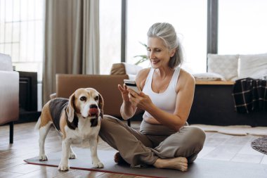 Spor kıyafetli olgun bir kadın akıllı telefon kullanarak yoga minderinde nilüfer pozisyonunda oturmuş evde beagle köpekle online alışverişin keyfini çıkarıyordu. Çevrimiçi teknoloji kavramı