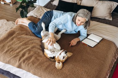Gri saçlı, günlük giysiler giyen olgun bir kadın evde sevimli av köpeğine sarılıyor. Yanında defter ve kalem var. Hayvan konseptine bayılırım.