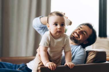 Gülümseyen bir babanın portresi bebek saçlarını tararken bir sabah bakımı sırasında evde koltukta otururken. Ebeveynlik, aile, aşk ve bakım kavramı