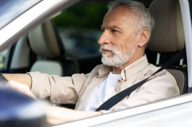 Emniyet kemeri takarak araba süren, özgüven ve tecrübeyle ilerleyen işine odaklanmış kıdemli işadamı.