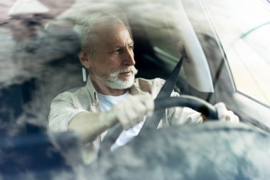 Sakallı, modern bir araba kullanan, emniyet kemeri takan, ilerideki yola dikkatle odaklanan, her gün işe gidip gelirken güvenliğe olan bağlılığını gösteren kıdemli bir adam. Ulaşım kavramı