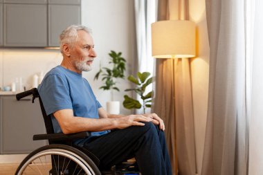 Pencere kenarında tekerlekli sandalyede oturan düşünceli yaşlı adam, dışarıya bakıyor ve güneş ışığının ve huzurlu bir atmosferin tadını çıkarırken hayatı yansıtıyor.