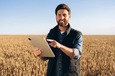 Mutlu çiftçi, altın buğday tarlasında dururken tabletini gösteriyor, hassas tarım ve sürdürülebilir tarım uygulamaları için modern teknolojiden faydalanıyor. Çevrimiçi teknoloji kavramı
