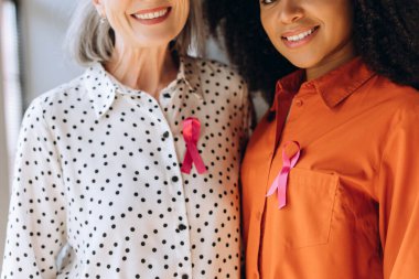 İki farklı kadın gülümsüyor ve gömleklerine pembe kurdeleler takıyor. Bu da meme kanseri farkındalığı ve araştırmasına verdikleri desteği gösteriyor. Destek konsepti