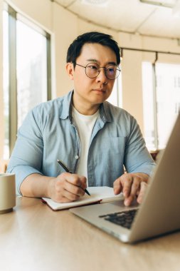 Modern ofiste masasında gözlük takan Asyalı serbest çalışan bir erkek dizüstü bilgisayar üzerinde çalışırken not alıyor rahat çalışma alanının ve doğal ışığın tadını çıkarıyor. Çevrimiçi eğitim kavramı