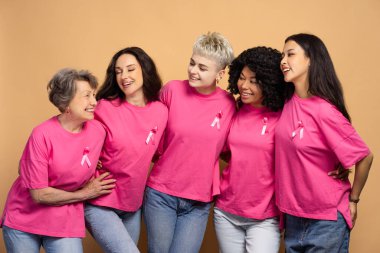 Çeşitli uluslar arası kadınlar göğüs kanseri farkındalığı için pembe tişörtler ve kurdeleler giyerek kucaklaşıyorlar. Sağlık hizmeti kavramı