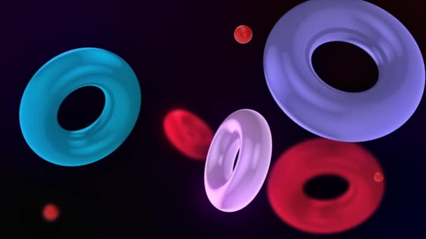 Абстрактный Фон Цветными Подсвеченными Кольцами Плывущими Медленно Кольца Плавают Сталкиваются — стоковое видео