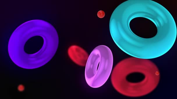 Streszczenie Tła Kolorowymi Podświetlanymi Pierścieniami Pływającymi Powoli Pierścienie Unoszą Się — Wideo stockowe