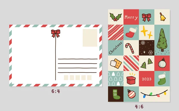 Κόκκινο Και Πράσινο Χριστούγεννα Kawaii Doodle Επίπεδη Καρτ Ποστάλ Διάνυσμα — Διανυσματικό Αρχείο