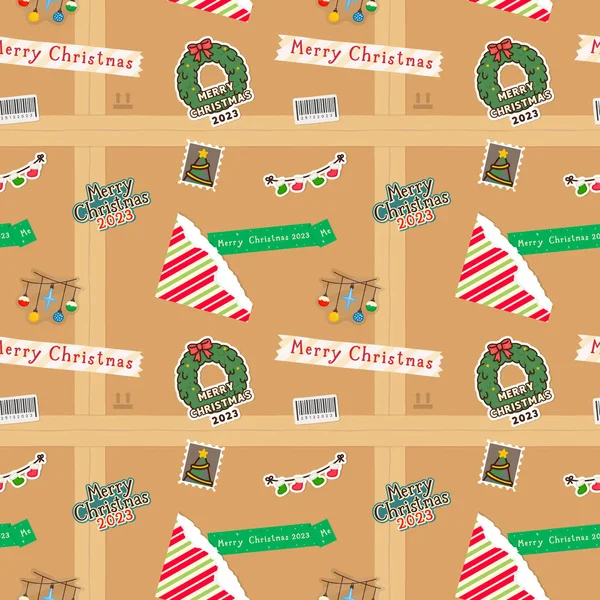 クリスマスステッカーシームレスパターンで飾られたヴィンテージパレットボックスギフトラップの背景壁紙 — ストックベクタ
