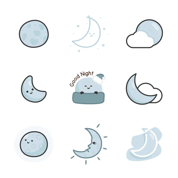 最小可爱的月球贴纸集Kawaii涂鸦平面卡通矢量插图 — 图库矢量图片