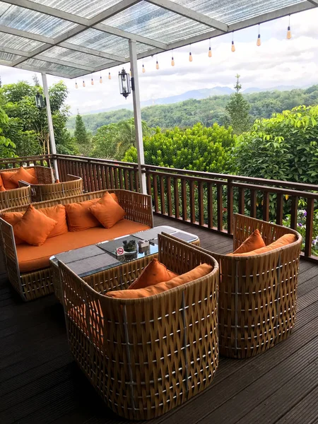 stock image Pretty cozy decor of big terrace with sofa and coffee table