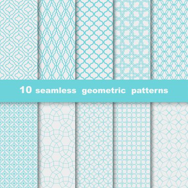 10 geometrik dikişsiz desen. Kusursuz süslemeli geometrik desenler koleksiyonu. Zarif, tekrarlanabilir doğulu özgeçmişi. Mavi ve beyaz dokular - simetrik izler.
