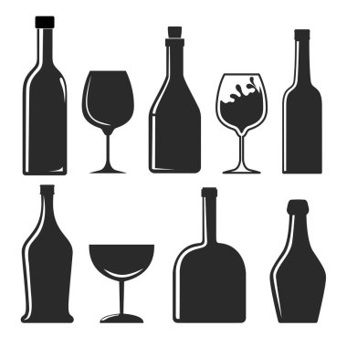 Şarap şişesi, bira şişesi, alkol şişesi, siyah siluetli vektör.