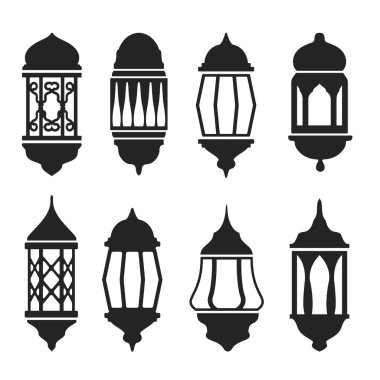 Ramazan kutlamaları için fener seti tema tasarımı dekorasyonu, siyah siluet vektör ilüstrasyonu 