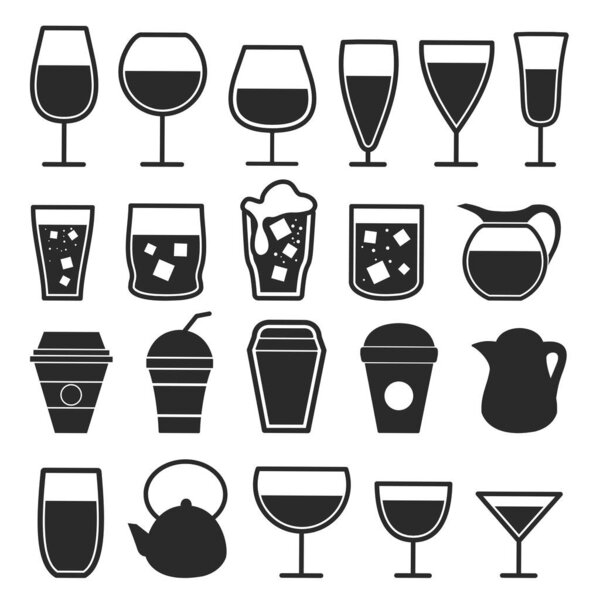 Set of drink theme icons, various types of drinks and related items, vector illustrations for menu design decoration.