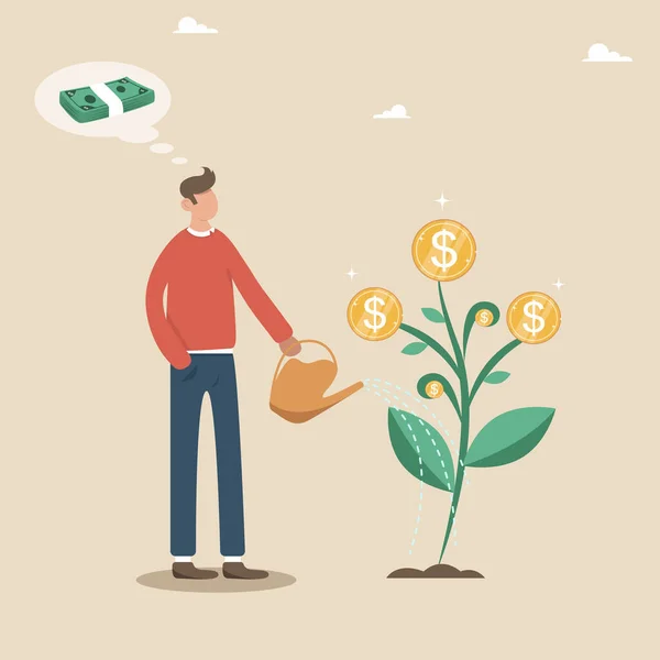 Stock vector Investing in stocks, growing income, making a profit from a fund, buying securities, earning interest from a bank deposit, growing wealth, investor businessman watering a money tree for prosperity.