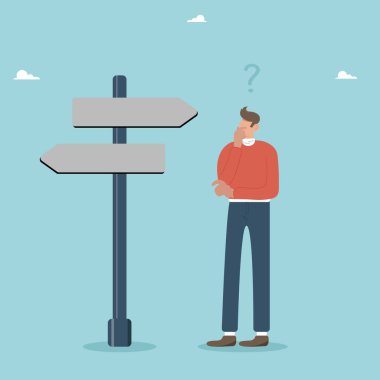 Look for the right direction, business opportunity or path to success, make a decision or make a career, a confused man does not know which path to take, a man at a crossroads.