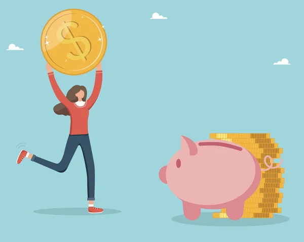 Piggy Bank Form Pig Woman Runs Coin His Hands Piggy — Vetor de Stock