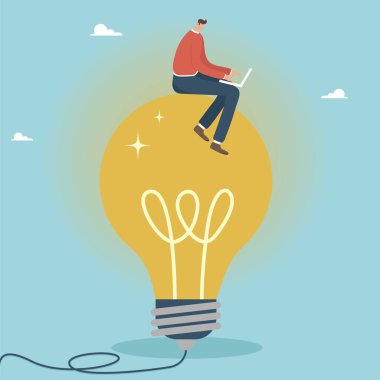 Brainstorming a new idea to solve a working problem, success in discovering a new innovative idea. Business solution concept. Businessman with a laptop.